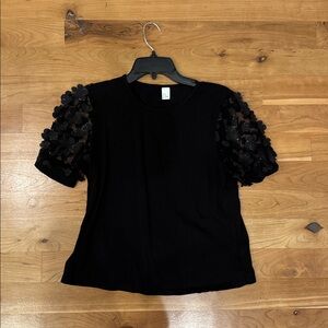 Black Top with Floral Sequin Sleeves